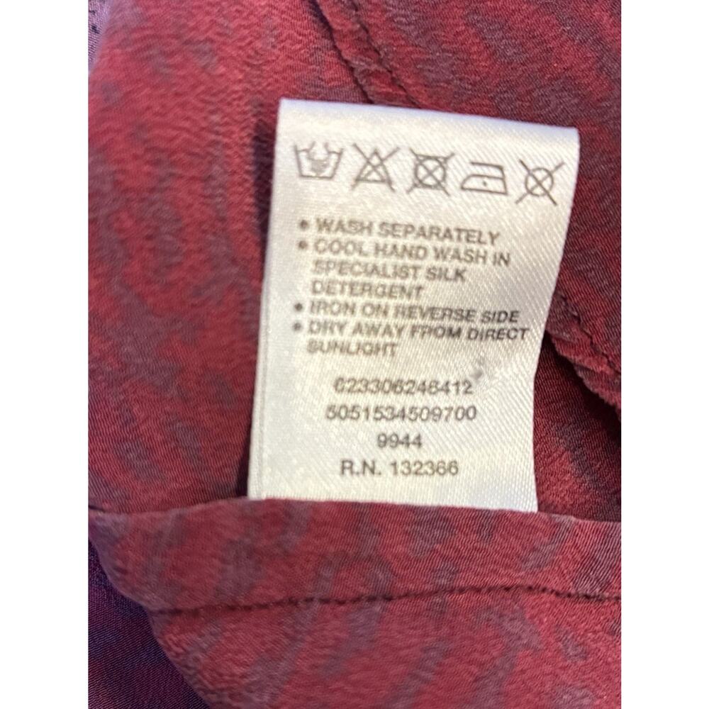WAREHOUSE 100% Silk Blouse UK 12 US 8 Burgundy Neck Bow Flying Bird Print - Picture 4 of 7